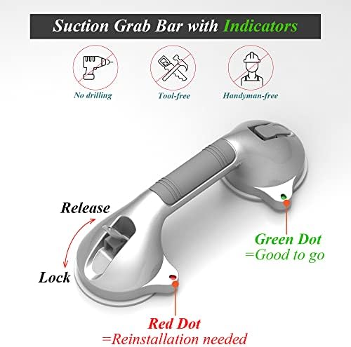 16.5inches Balance Assist Bathroom Shower Handle,Suction Bath Grab Bar with Indicators (Silver/Grey)