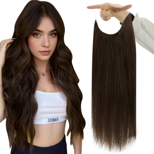 Fshine Invisible Wire Hair Extensions Real Human Hair 20 In Dark Brown Layered Hairpiece Wire Hidden Human Hair with Adjustable Fish Line 80 G Clip ins Straight Hair