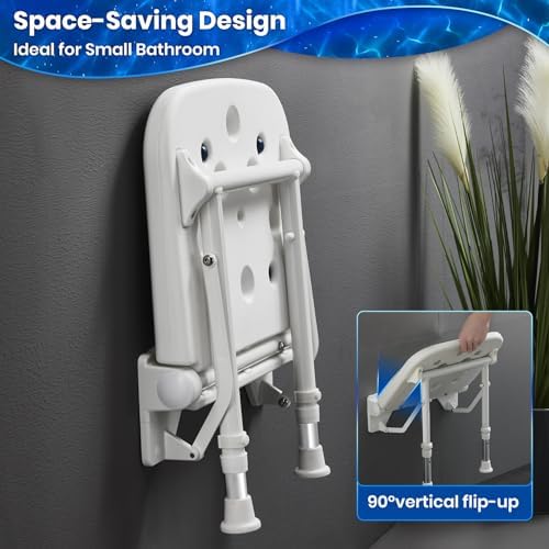 Wall Mounted Shower Seats, Support 550lbs, Adjustable Height Fold Down Shower Seat Wall Mounted, Folding Shower Bench Wall Mounted for Elderly-Adults-Pregnants-Seniors-Disabled