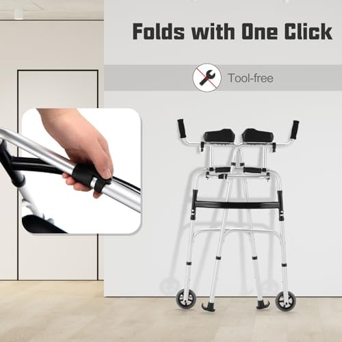 Folding Walkers for Seniors, Upright Walker with Seat, Removable Arm Support & 5" Wheels, Height Adjustable Platform Walker Mobility Aid for Elderly