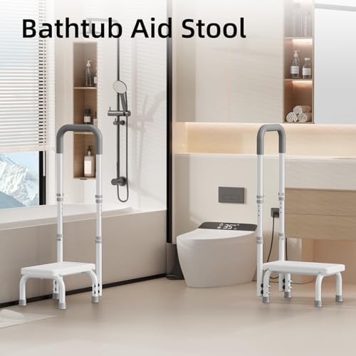 Step Stool with Handle for Ederly and Non-Skid Platform, Height Adjustable Heavy Duty Steps Foot Stool for Adult, Seniors, Foot Stool for Bedside, Kitchen,Bathtub Car,Safely Load 440 lbs. (White)