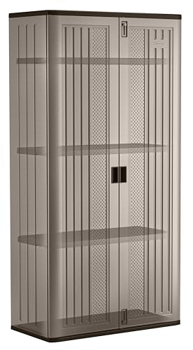 Suncast 31 Cubic Feet Mega Tall Storage Cabinet with 3 Adjustable Shelves, Platinum Metallic & Slate – Garage or Basement Utility Resin Organizer with 75 Pound Capacity Per Shelf and Lockable Doors