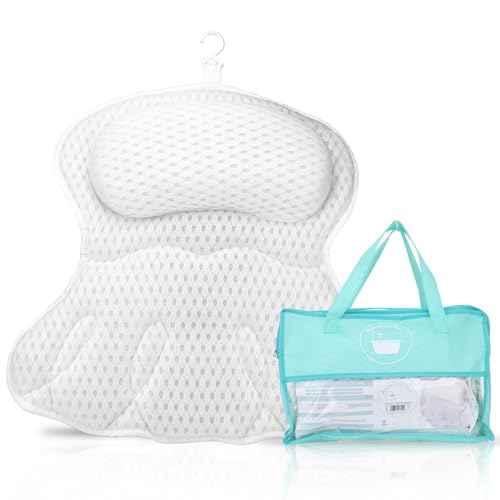 Bathtub Pillow, Luxury Bath Pillows for tub Neck, Back and Shoulder Support, Thick Padded, Ergonomic Bath Tub Pillow with 4D Air Mesh Cushions, Strong Suction Cups, Relaxing Bath Accessories Spa Gifts