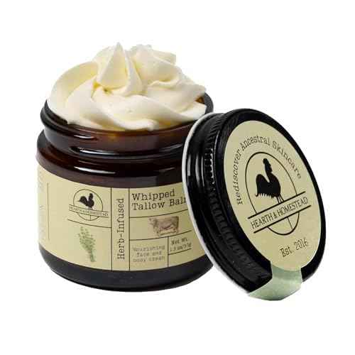 Hearth and Homestead: Handmade Whipped Tallow Balm (Unscented/Herb-Infused) - Organic Body Butter with Infused Olive Oil, for Eczema, Rosacea, Baby - 1.3 oz