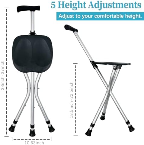 Portable Adjustable Folding Walking Cane with Seat Allows Durability While Walking and Convenience for Sitting, Alloy Crutch Chair, Anti-Slip Lightweight Walking Stick for Seniors