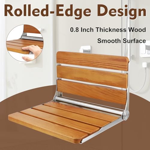 16" Teak Folding Shower Seat Wall Mounted, Foldable Shower Bench, 400lbs Max Load, Space-Saving Fold Down Design for Seniors, Elderly & Small Shower Spaces