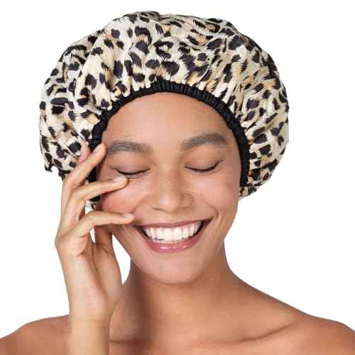 Reusable Nylon Shower Cap & Bath Cap, Reversible Oversized Waterproof Shower Caps Large Designed for all Hair Lengths w Terry Lining & Elastic Band Stretch Hem Hair Hat - Socialite Safari Spots