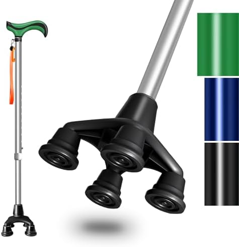 DEOMAi Quad Cane Self Standing Adjustable Walking Cane for Men Women Seniors with Comfort Grip Handle 360° Pivoting Cane for All-Terrain Lightweight & Durable