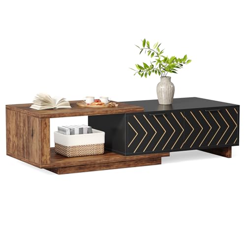 LITTLE TREE Expandable Wooden Coffee Table with 2 Drawers, Space-Saving Rectangular Farmhouse Center Table, Perfect for Living Room and Office, Brown and Black