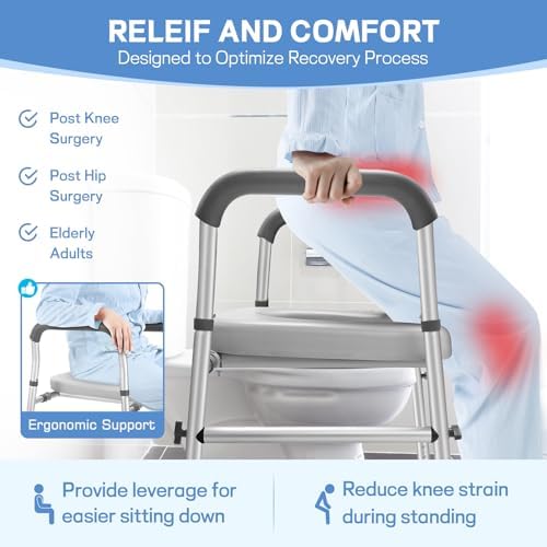 Raised Toilet Seat with Handles, Heavy Duty 500lb Toilet Seat Risers for Seniors, Extra Support Bars for Soft Padded Seat, Adjustable Width&Height Toilet Seat Riser for Disabled-Gray