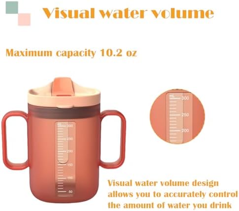 Spill Proof Sippy Cups for Seniors & Adults -10.2oz(300ml) with 2 Handles & Straw Lid, Elderly Drinking Cups for Patients, Disabled, Pregnant Women, Dishwasher Safe (Blue) (2, Blue+Orange)