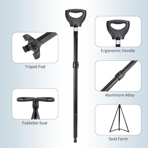 Folding Walking Cane with Seat, 2-in-1 Lightweight Aluminum Cane Stool for Seniors & Adults, Portable with Carry Bag, Anti-Slip for Travel & Hiking