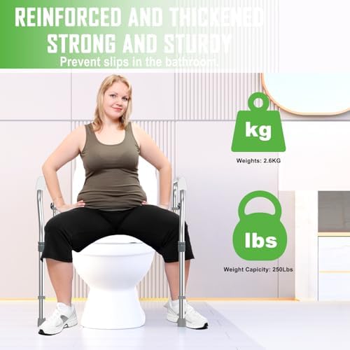 Toilet Safety Rail for Seniors with 2 Reinforced Nuts, Height & Width Adjustable Toilet Safety Frame, Bathroom Assist Rail with Armrests, Bathroom Safety, 250 lb. Weight Capacity(Grey)