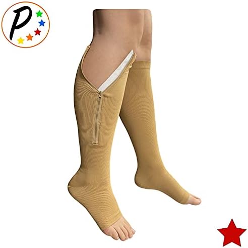 Original Open Toe 20-30 mmHg Firm Compression Circulation Zipper Socks (Beige, S/M)