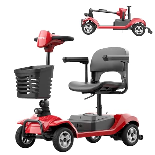Hoverfly T4 Mobility Scooter, 4-Wheel Mobility Scooter for Adults - 12.4 Miles Range, 3.7 mph, Smart Safety Features, Removed Battery, Rotating Swivel Seat, Headlight, Basket, Charger Included Red