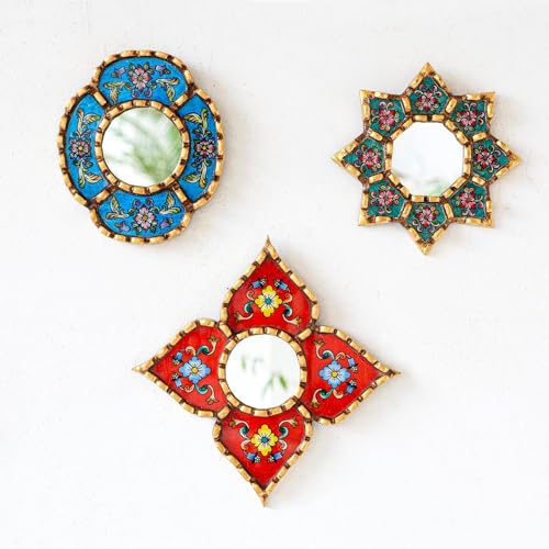 Handmade Small Accent Wall Mirrors Set of 3 | Peruvian Decorative Mirrors for Boho, Vintage & Bathroom Wall Decor