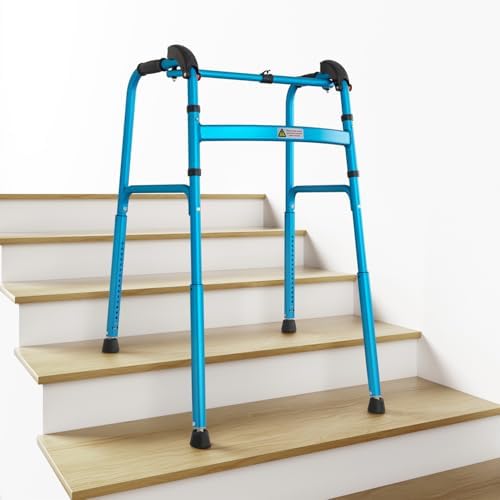 Foldable Stair Climbing Walker for Seniors,Adjustable 4-Leg Height Safety and Convenience Blue