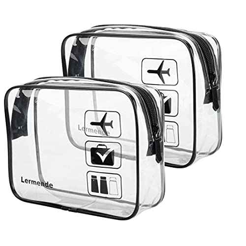 Lermende 2pcs Clear Toiletry Bag TSA Approved Travel Bag,Carry On for Travel,Airport Airline Accessories Compliant Bag,Quart Sized Makeup Cosmetic bag Women Men (Black, 2 Pack)