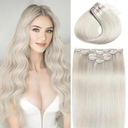 Clip in Hair Extensions Real Human Hair, Straight Remy Hair Extensions Clip ins 24 Inch #60 Platinum Blonde Human Hair Extension for Women Reusable 80g/2.82oz 5pcs