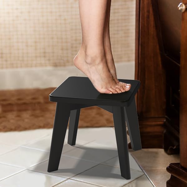 Shower Stool for Shaving Legs Kids Adults Small Bench for Bathroom Sink Bedroom Bamboo Wooden Stool for Inside Shower Black 10 inch
