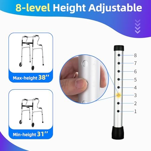 Foldable Walkers for Seniors - Aluminum Stepped Handrail Walker, Height Adjustable Walkers for Seniors, Lightweight Folding Walkers, 2 Wheels with Bearings Available as an Option, Silver