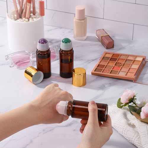 1.7oz Large Amber Glass Roll on Bottles for Essential Oils Perfume Refillable Roller Ball Applicator Empty Deodorant Containers with Pink Crystal Rollerball