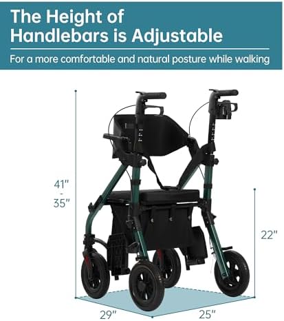 ELENKER All Terrain Rollator Walker Transport Wheelchair Combo, 2 in 1 Rolling Walker with Padded Seat and Wide Backrest, Green