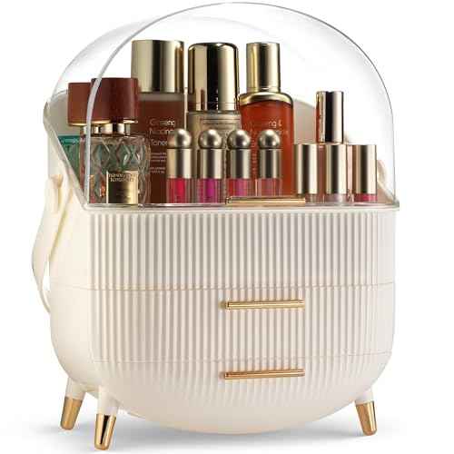Covered Makeup Cosmetic Countertop - Large Cosmetic Organizer - Trendy Oval Shape Storage for Skin Care Organizer - Clear Lid, Storage Drawers, Carry Handle - Cute Stylish Decor Solution (White)