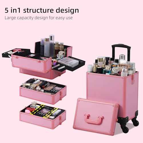Makeup Train Case, Rolling Makeup Case with Lid, 5 in 1 Cosmetology Case on Wheels, Christmas Gift, Large Makeup Case Organizers, Profesional Cosmetic Case for Salon Barber, Pink