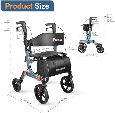 Lightweight Rollator Walker All-Terrain Foldable with seat and Adjustable Height backrest, 300 lbs Capacity, 10" Front & 8" Rear Wheels for Seniors, Adults, bariatric, Includes Cane Holders