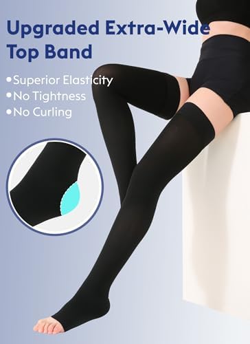 Thigh High Compression Stockings Toeless - Unisex, Opaque, KEKING 15-20mmHg Graduated Compression Leg Support Hose with Anti-Slip Silicone Band - Swelling, Varicose Veins, Edema, Travel, Black Large