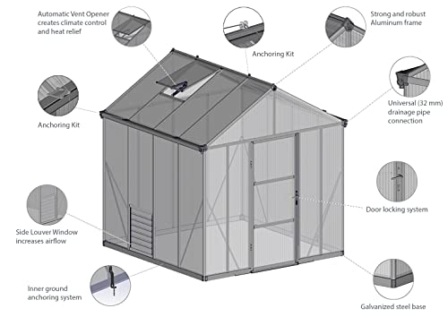 Palram - Canopia Glory 8 Ft. x 8 Ft. Greenhouse Kit with 4 Heavy Duty ShelvesHobby DIY Walk In Green House Heavy Duty Polycarbonate with Aluminium Frame, with Lockable Door and Vent for Garden (Gray)