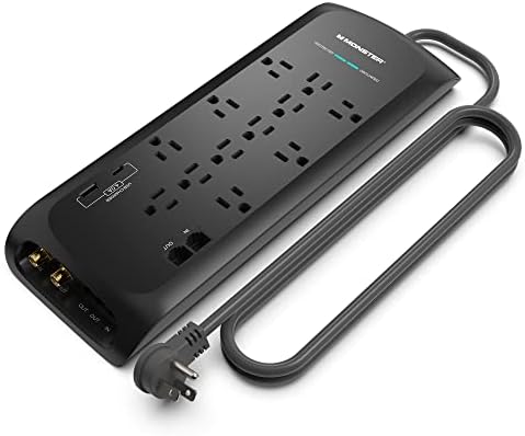 Monster Black Heavy Duty Surge Protector Power Strip 6 ft Cord with 12 120V-Outlet Extension, 2 Ethernet Switch Ports, 4050J Rating, 1 USB-A, and 1 USB-C Charging Ports â Ideal for Computers & Offices
