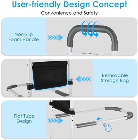 Bed Rails for Elderly Adults Safety Adjustable Bed Assist Handle with LED & Suction Cups - Bed Assist Rails for Seniors, Pregnancy & Mobility Aid 300lbs, Fits Wood/Metal Beds (16.34-19.69" Armrest)
