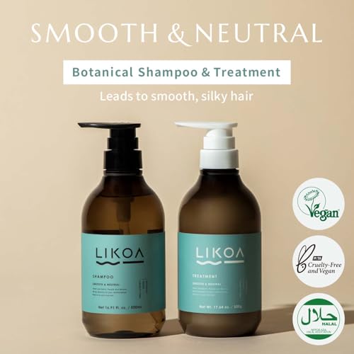 LIKOA, Smooth and Neutral Shampoo and Treatment Set, Vegan, Halal, Lightweight Moisture for Fine, Dry, or Tangle-Prone Hair, Botanical Hair Care, White Floral Scent, Made in Japan, 16.9/17.64 Fl oz