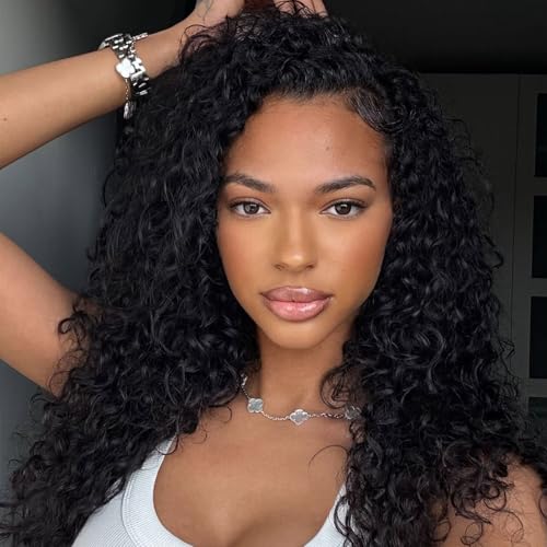 SENSAIRUITE Deep Wave Half Wig Human Hair Curly Half Wigs for Women - Upgrade Drawstring 3 in 1 Seamless Flip Over Glueless Wig 18-inch Natural Black