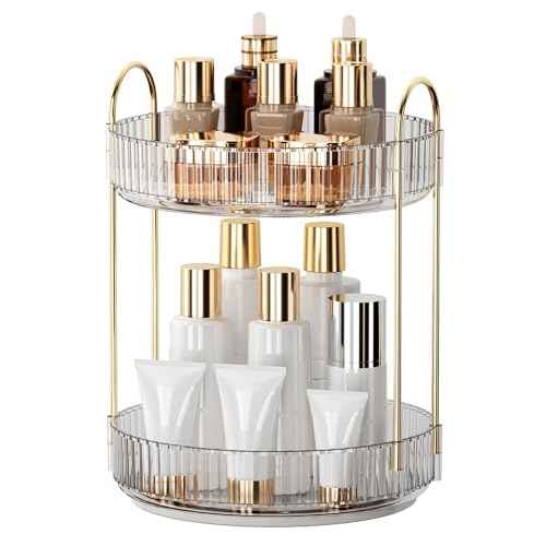 YCIA&DONE 360 Rotating Makeup Organizer and Storage for Vanity Bathroom Countertop, High Capacity Cosmetic Skincare Perfume Organizers for Dresser Lazy Susan (Clear White,2 Tiers)