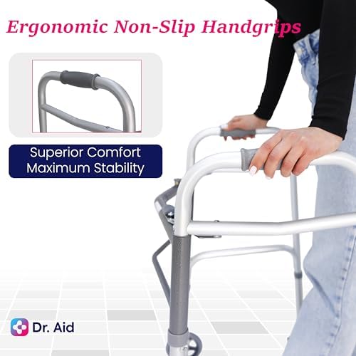 Dr. Aid Premium 2 Button Folding Walker with Wheels, Rolling Front Wheel Walker, Lightweight Walkers for Seniors, Durable Aluminum Frame, Adjustable Height, Supports Up to 400lbs, Aluminum Gray