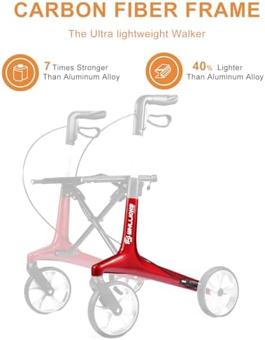 Carbon Ultralight Rollator Walker for Seniors with 2 Organizer Bags, Comes Fully Assembled, Only 13lbs Lightweight Foldable 4 Wheel Walker with Seat and Brakes, 330 lbs Capacity Rolling Walker