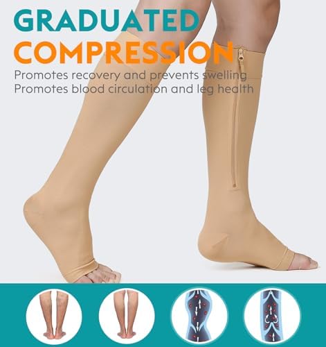 NURCOM Copper Compression Socks Open Toe Knee High Stockings, 20-30 mmHg Graduated Zipper Compression Socks for Varicose Veins, Venous Insufficiency, Lymphedema, Swelling, Unisex, Beige X-Large