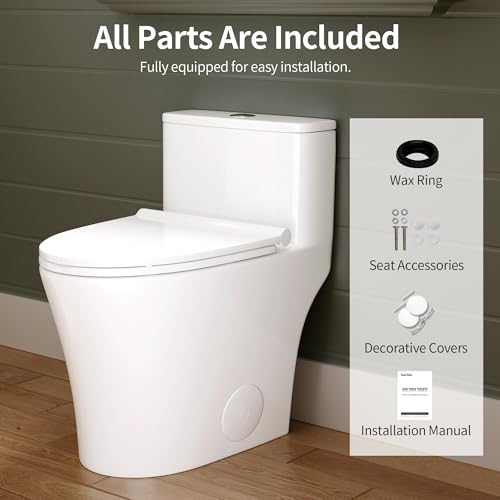 DeerValley Compact One-Piece Toilet 1.28 GPF Single Flush Fully Skirted Bowl with Soft-Close Seat White Space-Saving Elongated Toilets for Small Bathrooms