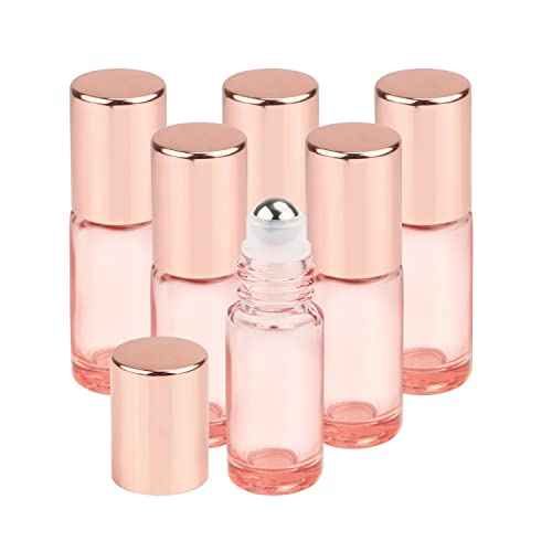 Wresty 1/6 Oz Pink Glass Roller Bottles, 6 Pack 5ml Roll On Bottles With Rose Gold Lids For Essential Oils, Perfume, Cosmetic Liquid