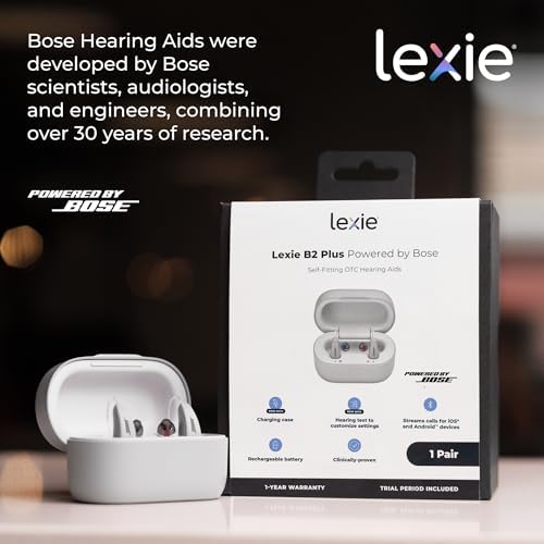 Lexie B2 Plus Powered by Bose - Self-Fitting Rechargeable OTC Hearing Aids for Mild to Moderate Hearing Loss in Adults and Seniors - Clear Sound - Wireless Charging Case - Bluetooth-Enabled - Gray