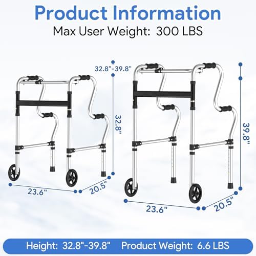 Walkers for Seniors, Folding Walker, Narrow Walkers for Small Spaces, Standard Walker Height Adjustable, Front Wheeled Rolling Walker, Upright Mobility Aid for Seniors and Handicap, Up to 300 Pounds