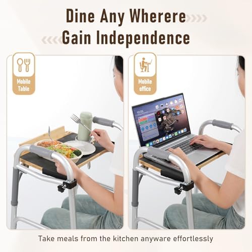 Detachable Tray for Walkers for Seniors with Cup Holder - [Freely Adjustable in All Directions] - Bamboo Mobility Table Fits Most Standard Folding Walkers, Removable & Easy Assembly
