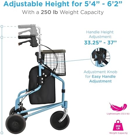 Nova Joy Traveler Folding 3 Wheel Walker with Tray, Basket and Pouch - Lightweight Mobility Aid for Seniors - 8 Inch Wheels - Essential for Tight Spaces and Travel - Sky Blue