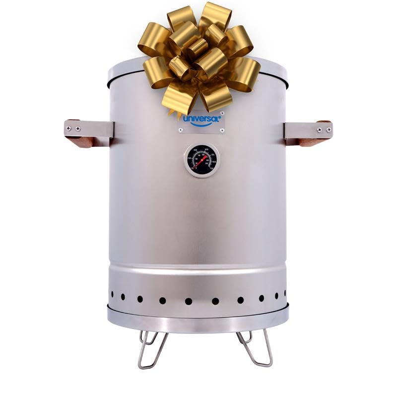 Universal (6-pound) Stainless Steel (Small) Charcoal Barrel Smoker with Thermometer & Airlock system - 16.5"x 21.18" x ⌀11.81", 2 in 1 Vertical Smoker - Grill and Smoker, 6-serving Slow Cooking Smoker
