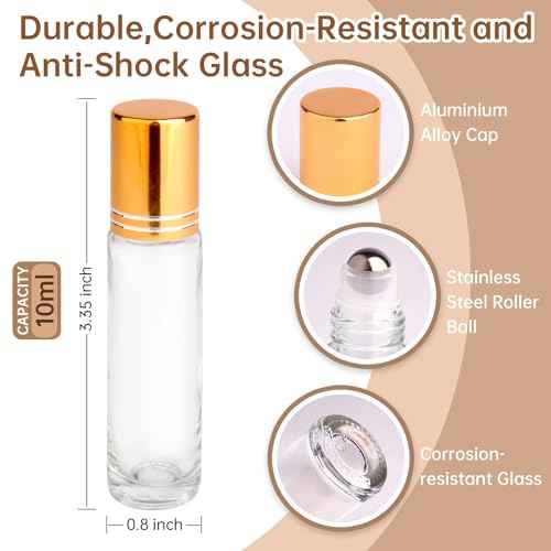inice 12 Pack Essential Oil Roller Bottles 10ml Clear Glass Bottles Stainless Steel Roll On Ball Metal Cap for Daily Care
