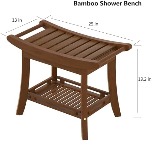 Bamboo Shower Bench Chair Bathroom Shower Stool Seat for Inside Shower Bathtub with Storage Shelf Shower Foot Rest for Shaving Legs 25.2 x 13 x 19.2 Inches Chestnut Brown