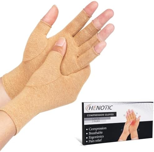 2 Pairs Arthritis Compression Gloves for Women Men, Fingerless Breathable & Moisture Wicking Compression Gloves for Relieving Carpal Tunnel Aches, Rheumatoid Pains, Joint Swell Nude L